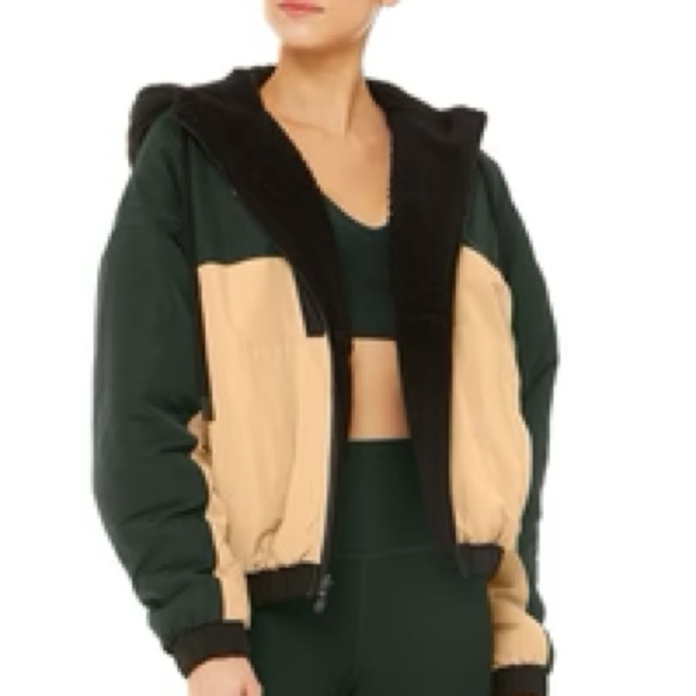 ALO Yoga Two-Tone Hooded Puffer Jacket in Green, Beige & Black